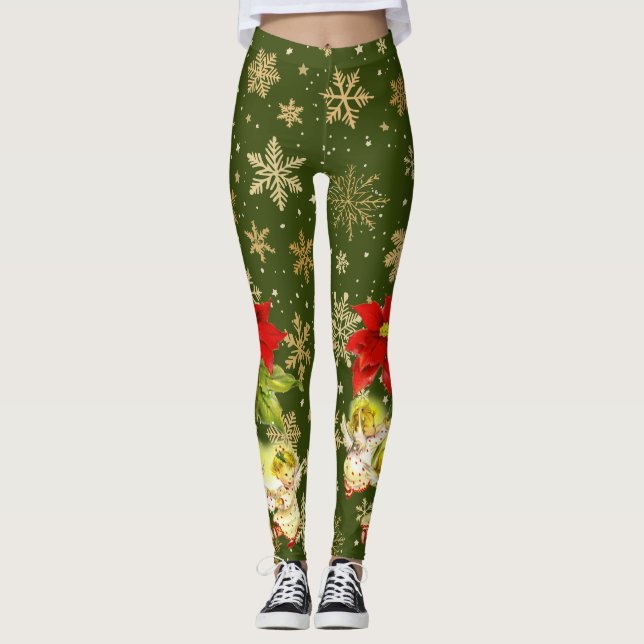 Legging Dançando ninhos em verde com flocos de neve Dourad (Frente)