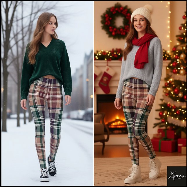 Legging Dark Earthy Green Tan Tartan Plaid (Criador carregado)