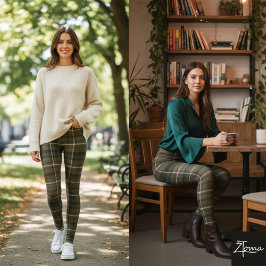 Legging Dark Khaki Square Plaid Tartan Fabric