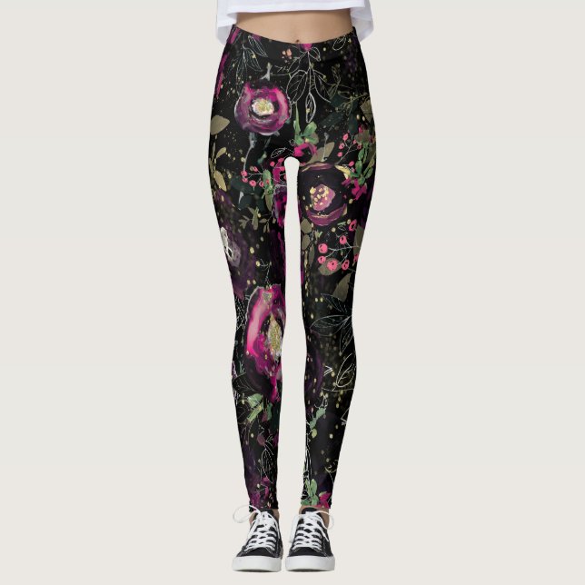 Legging Dark Moody Berry Plum Sparkle Floral Modern (Frente)
