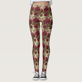 Legging Dark Red Roses With Faded Green Leaves