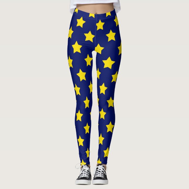 Legging Decorativo de Padrão de Estrelas Amarelas Azuis (Frente)