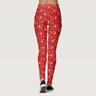 Legging Deers and Snowflakes Padrão de Natal Vermelho e Br