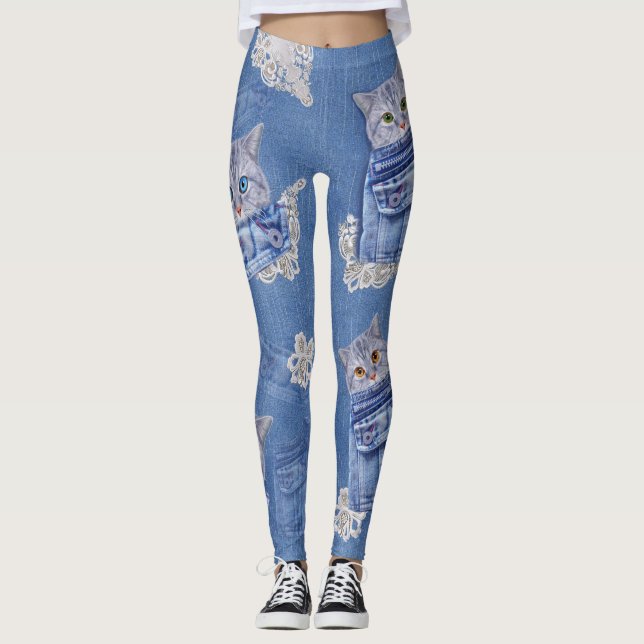 Legging Denim Jean bolsos, Kittens e Lace (Frente)