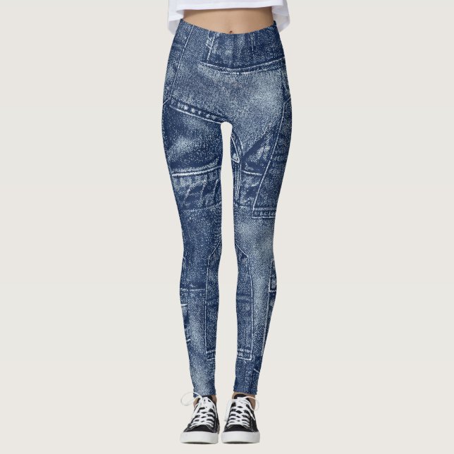 Legging Denim material em um padrão de bolso de retalhos. (Frente)