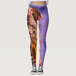 Legging Desenho da arte do buldogue e do cão dos girassó