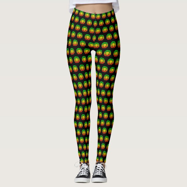 Legging Desenho da cabeça de leão Rasta vermelho amarelo v (Frente)