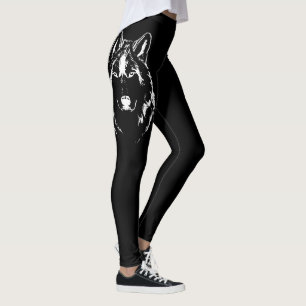 Legging Desenho Da Cabeça Do Lobo Negro E Branco Engraçado