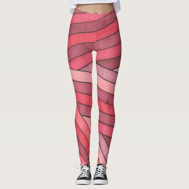 Legging Desenho de Faixa Geométrica Vermelha Pintada à Mão (Frente)