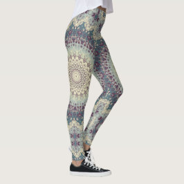 Legging Desenho de Mandala com Padrão Azul-Verde e Creme