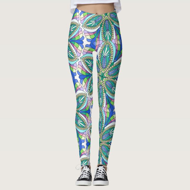 Legging Desenho de Mandala Floral, tons pastel vibrantes (Frente)