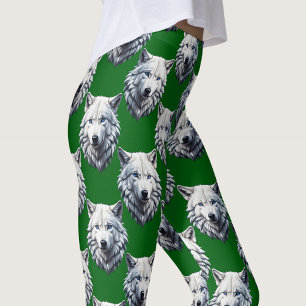 Legging Desenho de padrão de cabeça de lobo branco verde