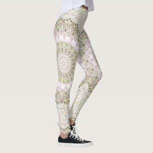 Legging Desenho de padrão de mandala floral rosa e verde