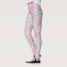 Legging Desenho de Padrão de Mandala Rosa e Branco