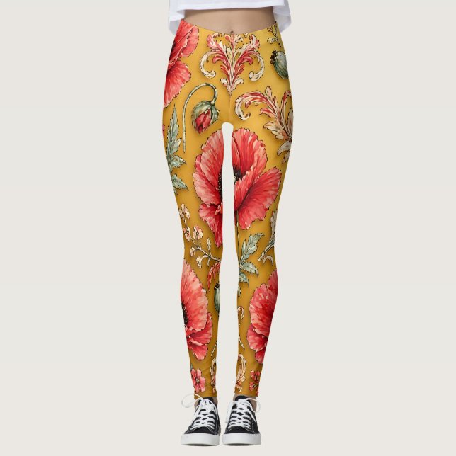 Legging Desenho dourado de papoula fleur (Frente)