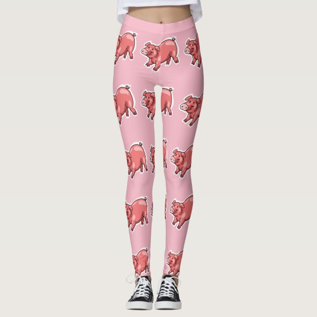 Legging desenho engraçado de porco rosa (Frente)
