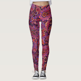 Legging Desenho Intricado Paisley em Vermelho Rico e Roxo