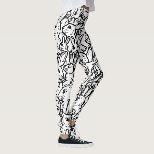 Legging Desenhos de linhas de coelho mínimo preto e branc