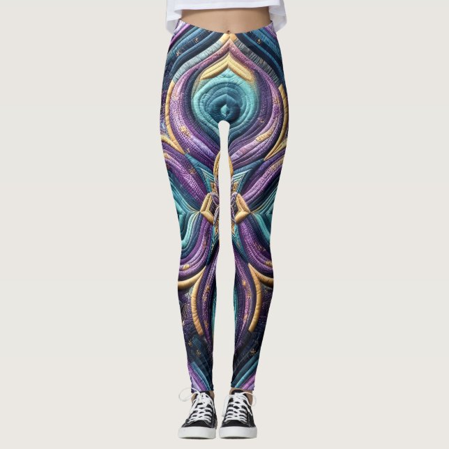 Legging Design Abstrato de Azul Turquesa Roxo Quilado (Frente)