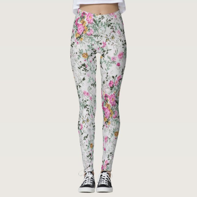 Legging Design artístico floral rosa e verde (Frente)
