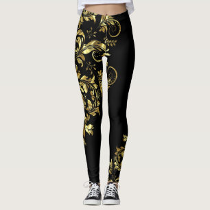 Legging Design assimétrico do local floral Dourado preto e