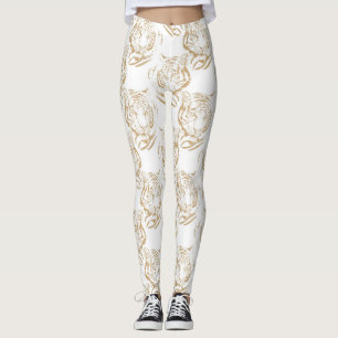 Legging Design branco Elegante Glitter Tiger Dourado Impre