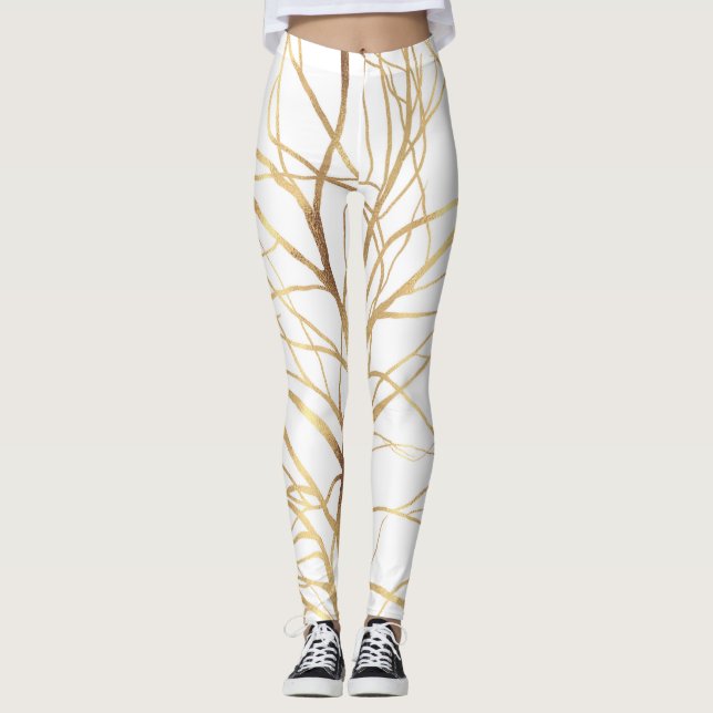 Legging Design branco mínimo de silhueta de árvore Dourada (Frente)