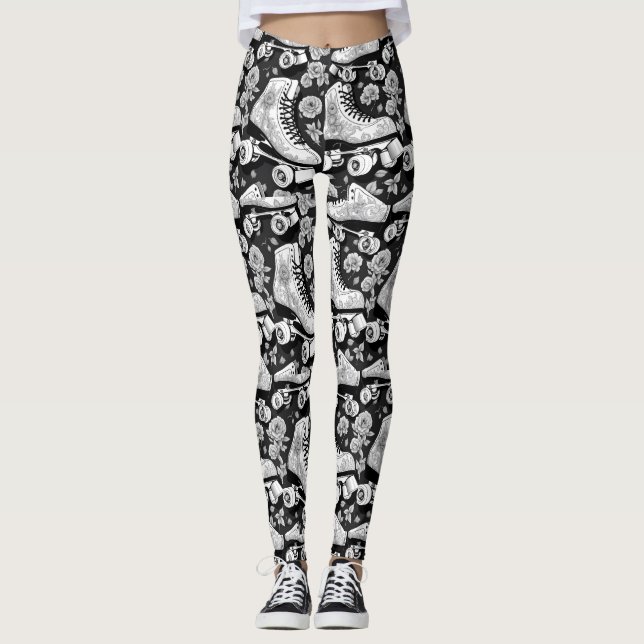 Legging Design branco preto rosas quad (Frente)