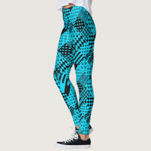 Legging Design de Correção de Padrões Mistos Azul Preto