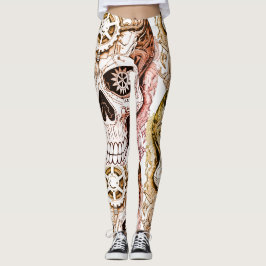 Legging Design de Crânio de Açúcar Steampunk Marrom e Pret