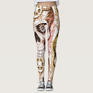 Legging Design de Crânio de Açúcar Steampunk Marrom e Pret