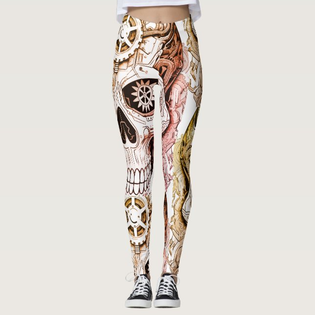 Legging Design de Crânio de Açúcar Steampunk Marrom e Pret (Frente)