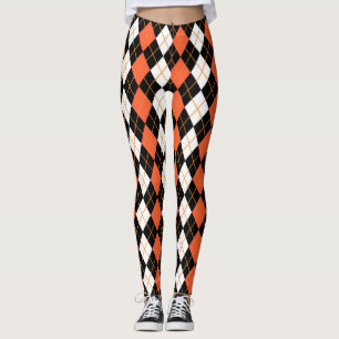 Legging Design de Diamante de Argyle Branco-Preto-Laranja