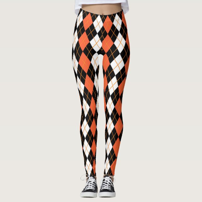 Legging Design de Diamante de Argyle Branco-Preto-Laranja (Frente)