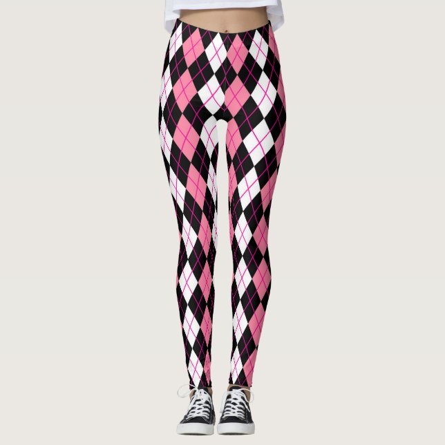 Legging Design de Diamante de Argyle Branco-Rosa (Frente)
