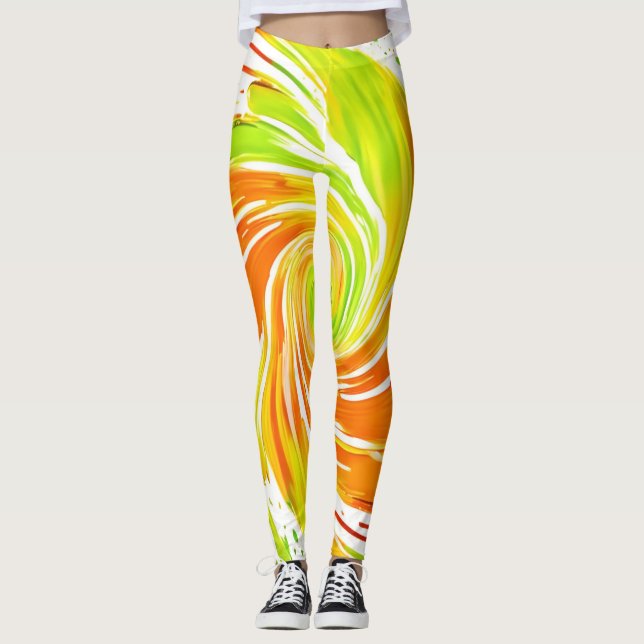 Legging Design de espiral verde e laranja (Frente)
