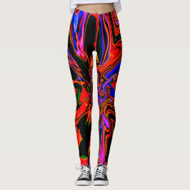 Legging Design de Flor Preto Psicodélico Azul Laranja Escu