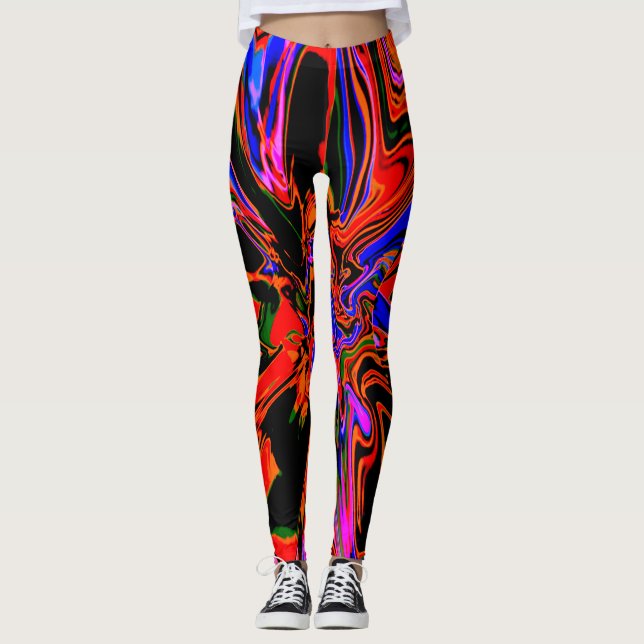 Legging Design de Flor Preto Psicodélico Azul Laranja Escu (Frente)