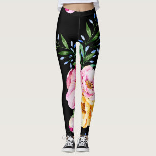 Legging Design de Flores e Folhas a Preto