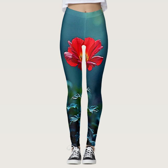 Legging Design de Foco de Flor Vermelha Única (Frente)