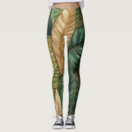 Legging Design de Folhas Tropicais Verdes Douradas Inclina