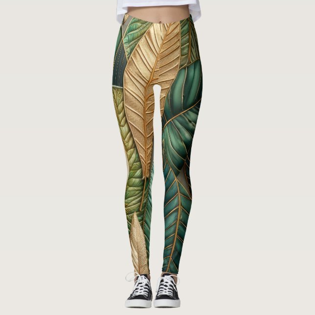 Legging Design de Folhas Tropicais Verdes Douradas Inclina (Frente)