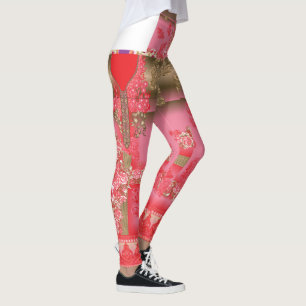 Legging design de fundo rosa e ouro com vermelho