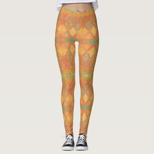 Legging Design de geometria verde laranja âmbar do Mosaico (Frente)