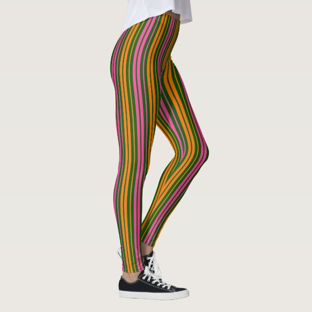 Legging Design de Listras Verticais Laranja Verde Rosa   (Direita)