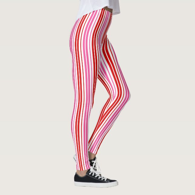Legging Design de Listras Verticais Rosa Branco Vermelho (Direita)