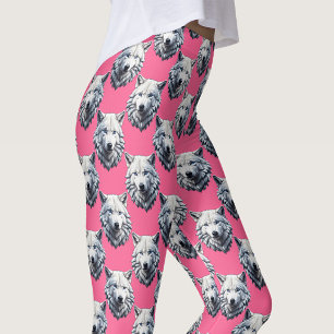 Legging Design de padrão de cabeça de lobo branco rosa