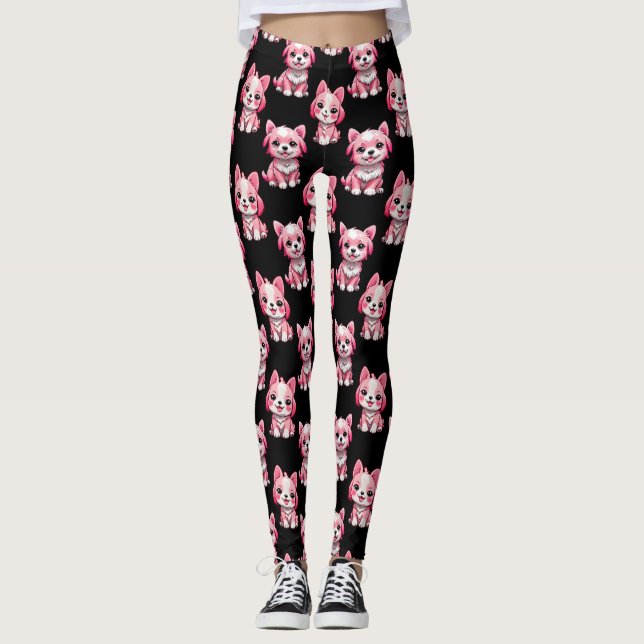 Legging Design de Padrão de Cachorro Rosa - Preto (Frente)