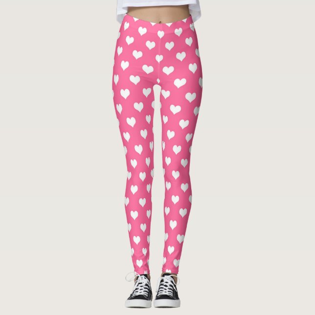 Legging Design de padrão de coração de amor branco rosa (Frente)
