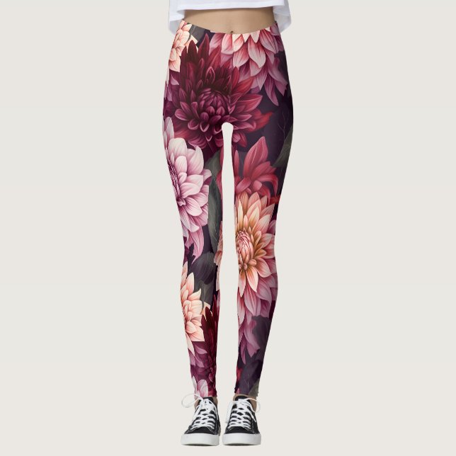 Legging Design de Padrão de Dahlia Rosa-Vermelho-Cria (Frente)